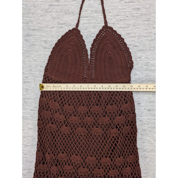 Boho Crochet Babydoll Dress Halter SMALL brown Lined Fit Flare Stretch Milkmaid - Picture 5 of 7